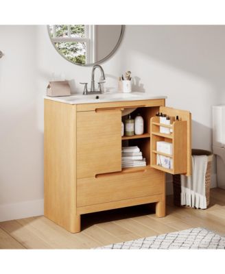 30 Inch Oak Wood Grain Bathroom Vanity with Ceramic Sink Solid Wood Frame Soft Close Doors and Drawer Adjustable Shelf