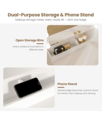 Glow Mirror Vanity Table with Plug Outlet, 3-Tier Storage Drawers and Shelves