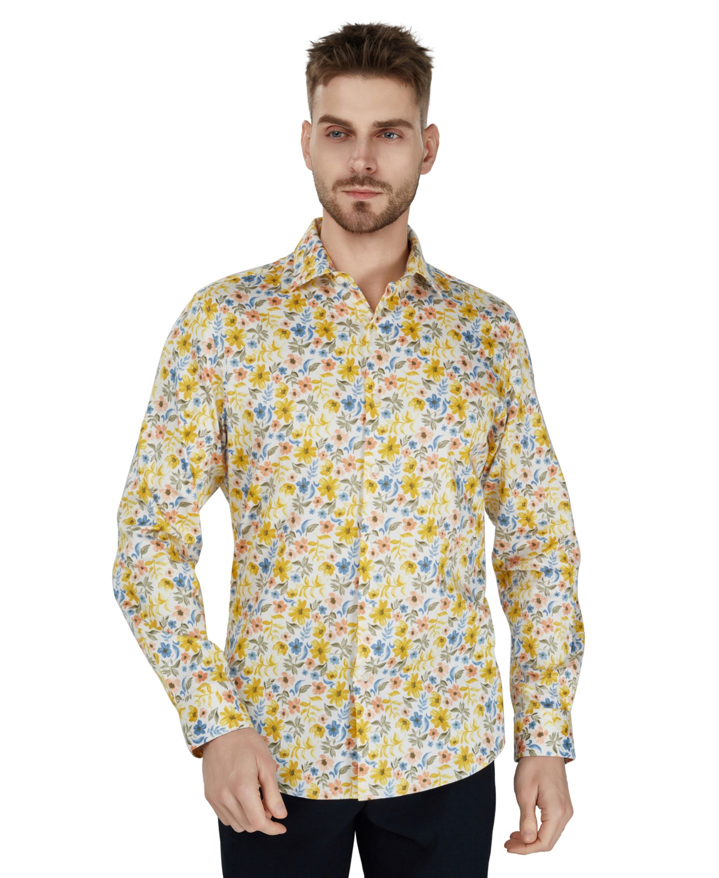 Мужская рубашка Bar III Slim-Fit Floral Printed Dress Shirt, цвет: Экрю — фото 5