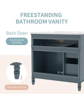 36" Vintage Bathroom Vanity with Ceramic Sink, Acacia Wood Freestanding Cabinet, Soft Close Drawers for Small Bathrooms.