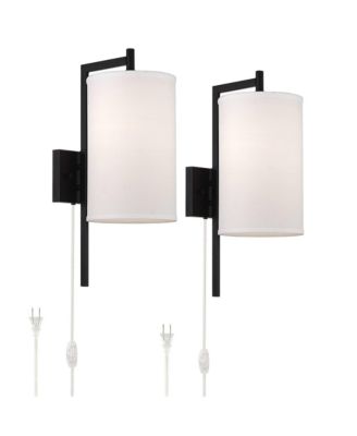 Modern Wall Lamps Set of 2 with USB Port Black Plug-In 8" Light Fixture Fabric Shade for Bedroom Bedside House