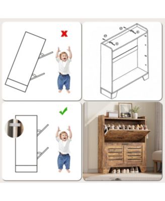 Shoe Storage Cabinet with 2 Flip Drawers, Narrow Shoe Cabinet for Entryway, Freestanding Hidden Slim Shoe Organizer Cabinet with Hooks