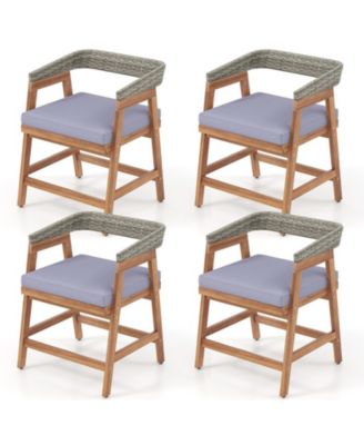 Acacia Wood and Wicker Outdoor Dining Chairs Set of 4 with Seat Cushions