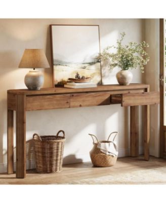 63" Solid Wood Console Table with 3 Drawers, 63" Long Entryway Table with Rounded Corners, Narrow Sofa Table