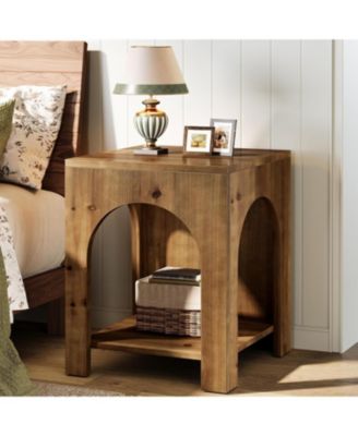 2-Tier Storage Square Side Table, Farmhouse Wooden End Table with Arch Design, Small Nightstand