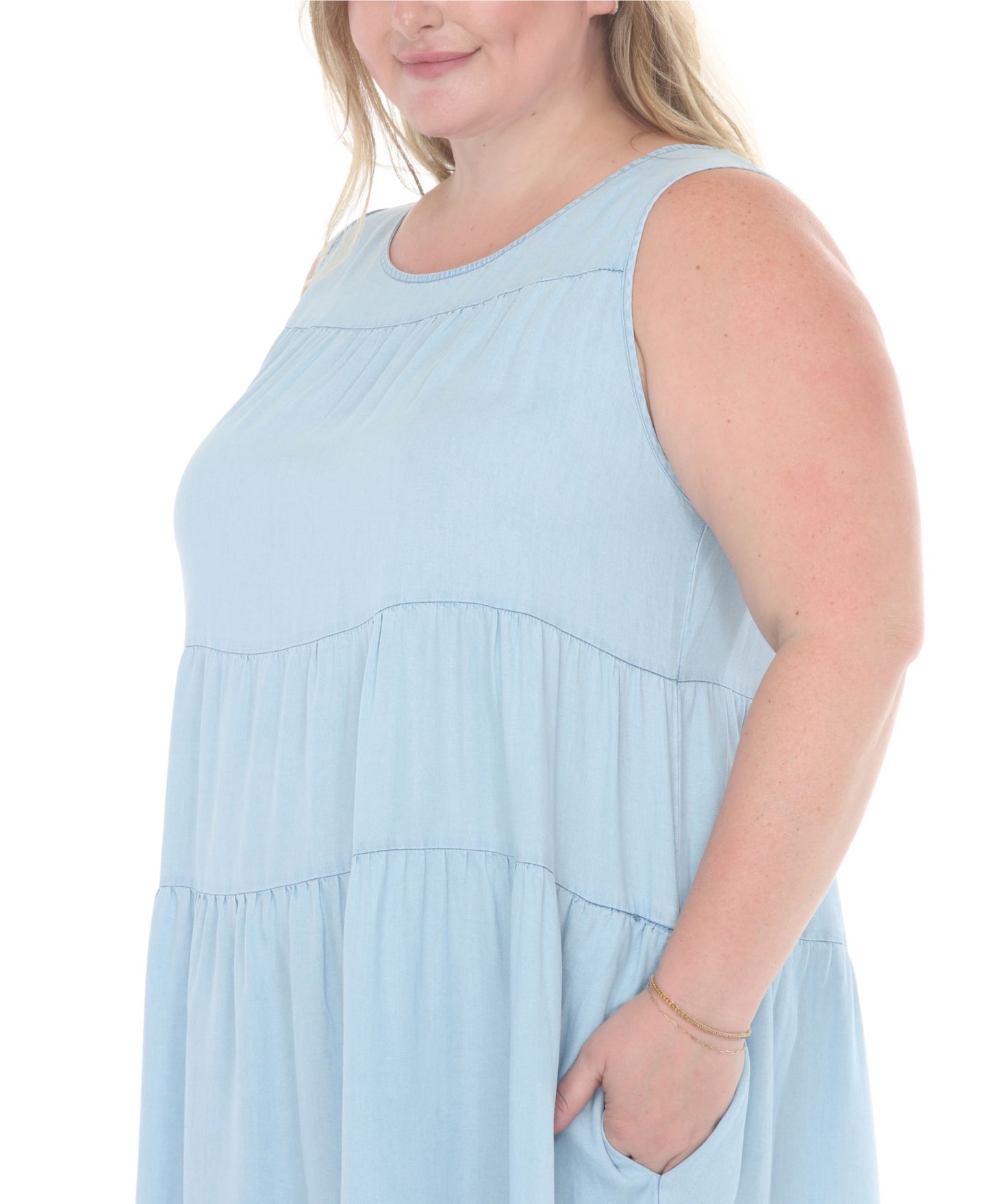 Женское платье White Mark Plus Size Sleeveless Tiered Swing Midi, цвет: Светлый синий — фото 4