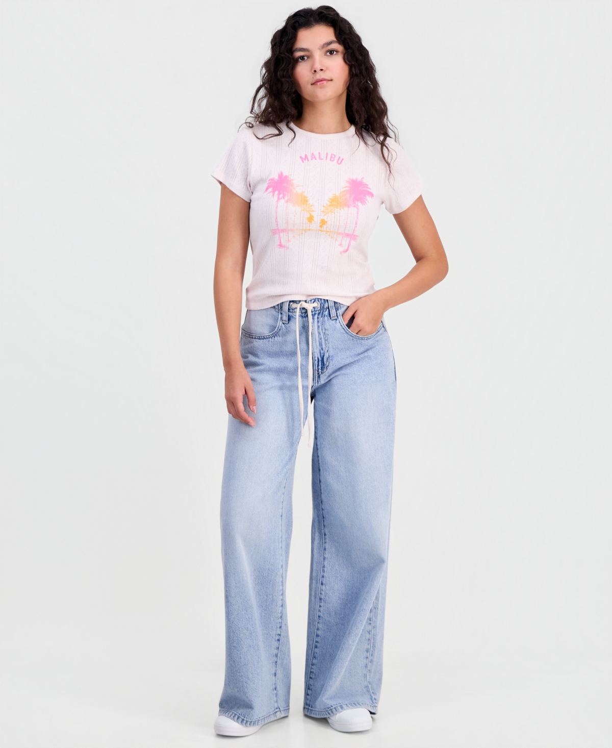Rebellious One Juniors' Malibu Graphic Pointelle T-Shirt