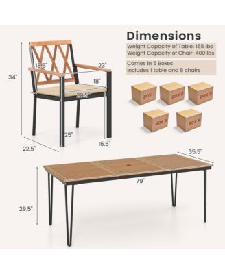 9 PCS Patio Dining Set Rectangular Dining Table w/ Acacia Wood Top Umbrella Hole