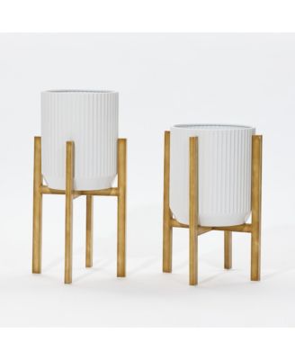 2-Pc Textured Round White Metal Cachepot Planters with Gold Stands