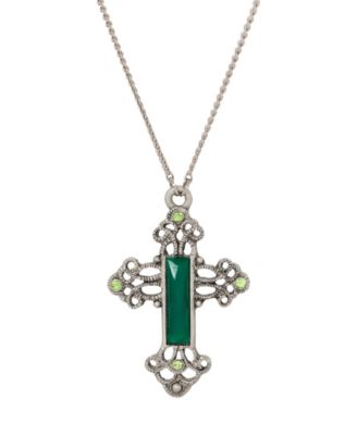 Pewter Silver Tone Green Cross Necklace