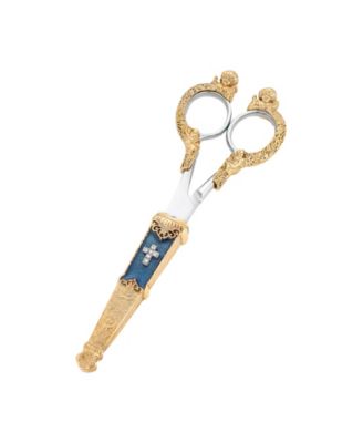 Gold Tone Crystal Cross Blue Enamel Scissor Holder with Scissors
