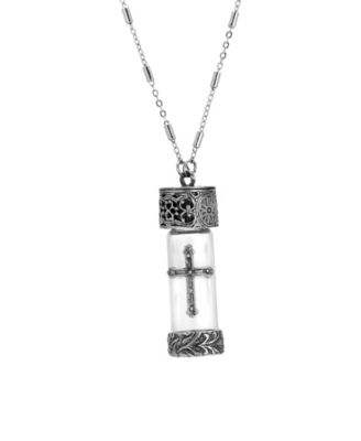 Antique Pewter and Silver Tone Glass Cross Vial Screw Cap Necklace
