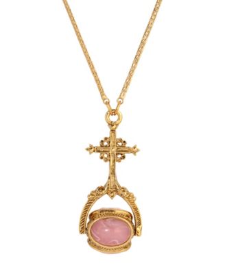 14k Gold Dipped Cross Multi Hue Pink Stones Spinner 30" Necklace