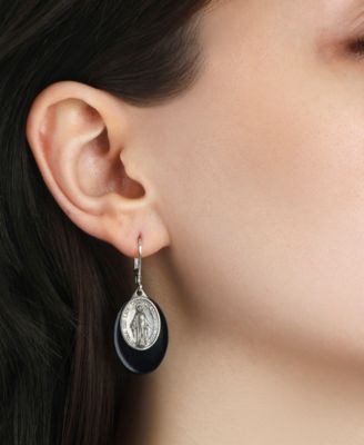 Silver Tone Oval Black Acrylic Stone Miraculous Medal Leverback Earrings