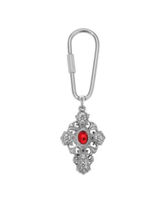 Silver Tone Cross Oval Red Stone Key Chain