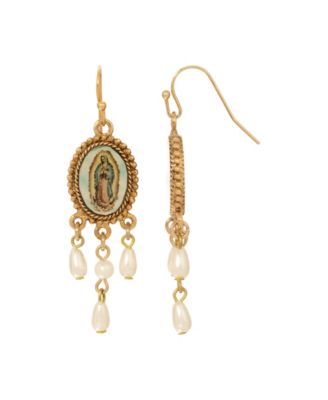 Gold Tone Our Lady of Guadalupe Faux Pearl Drops Hand Enamel Wire Earrings