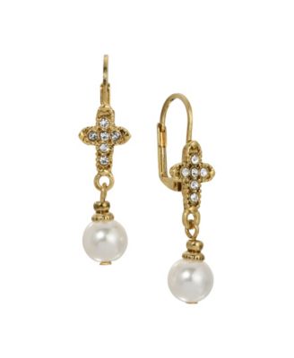 Gold Tone Crystal Cross With Faux Pearl Drop Leverback Earrings