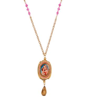 14k Gold Dipped Pink Crystal Lady Guadalupe Decal 28" Spinner Pendant Necklace