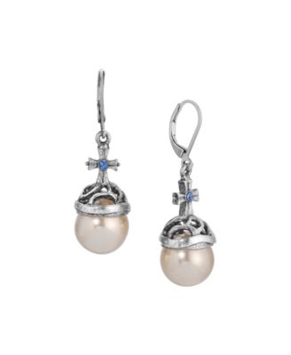 Silver Tone Faux Pearl Stone Blue Crystal Cross Leverback Earrings