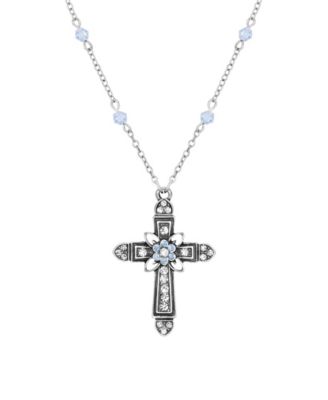 Silver-Tone Cross Center Flower Clear Sapphire Crystals 16" + 3" Necklace