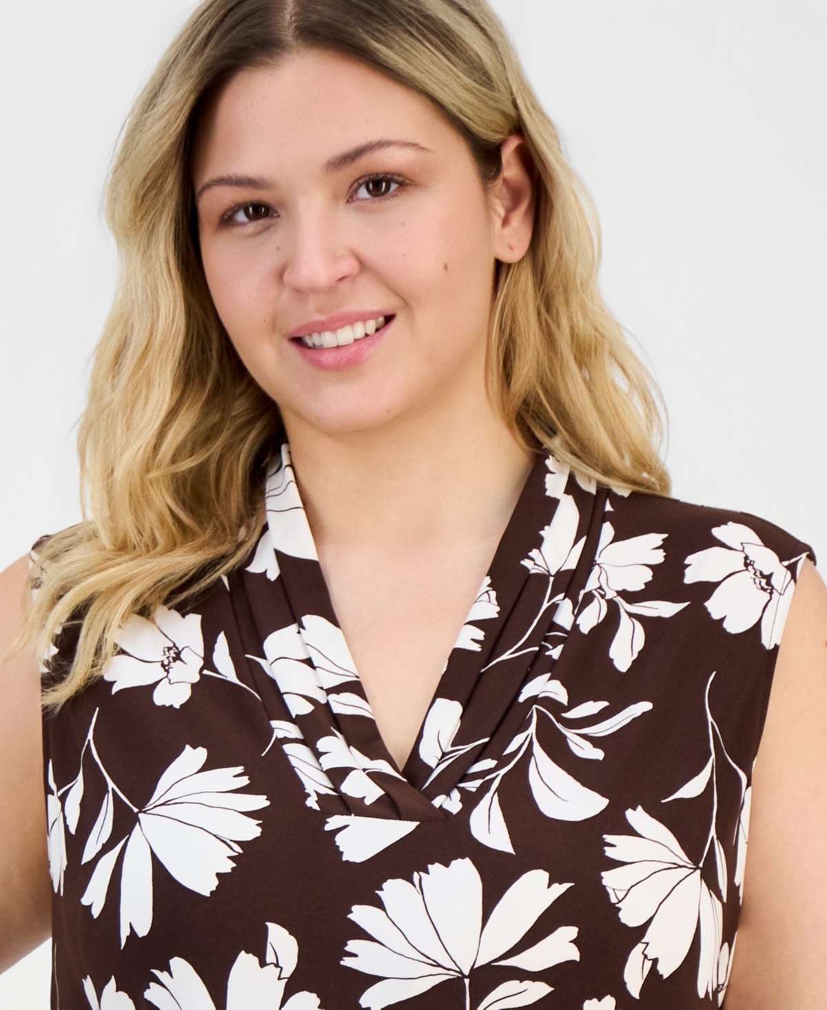 Anne Klein Plus Pleated-Neck Sleeveless Top