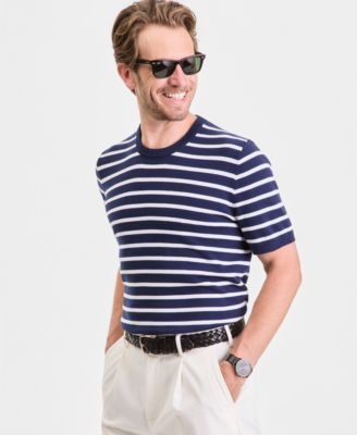 Men's Short-Sleeve Bengal Striped Cotton Sweater T-Shirt