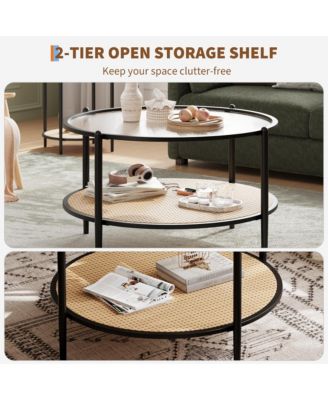 30" 2-Tier Rattan Coffee Table with Water-Wave Glass