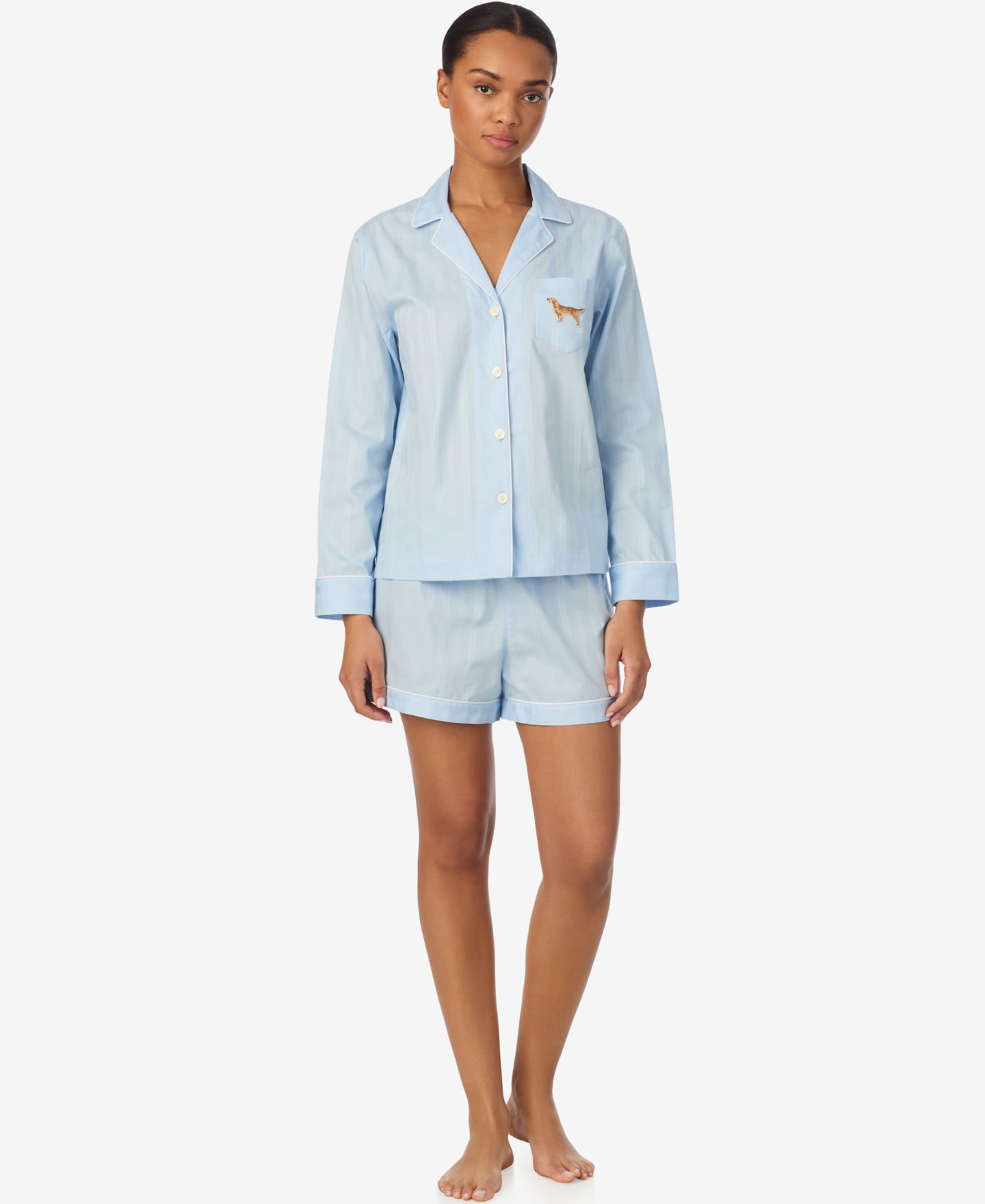 Lauren Ralph Lauren Women's Notch Collar Top and Pajama Shorts, 2-Piece Set, цвет: Светлый синий — фото 1