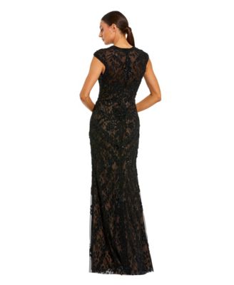 Women's Beaded Lace Mesh High-Neck Sleeveless Column Gown