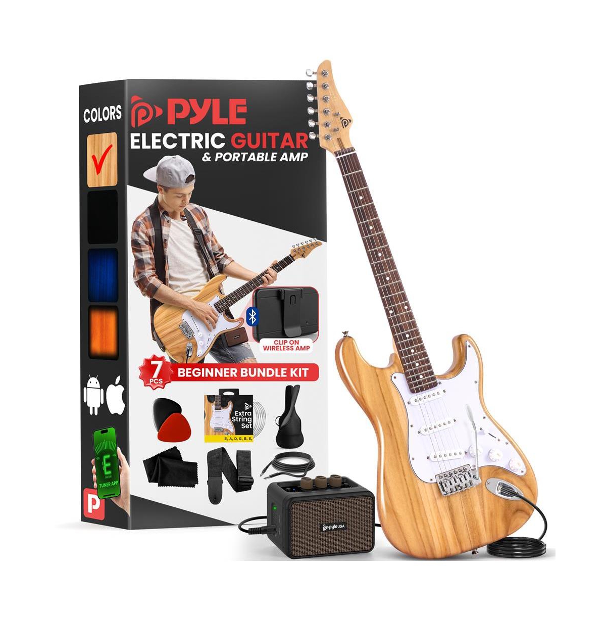 Pyle PEGKT400NT 6-String Electric Guitar Kit with 5W Amplifier - Brown