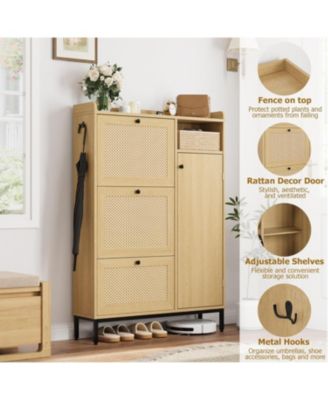 Shoe Cabinet Rattan with 3 Flip Drawers and 4-Tier Shoe Storage Cabinet, Freestanding Shoe Organizer with Adjustable Shelves for Entryway