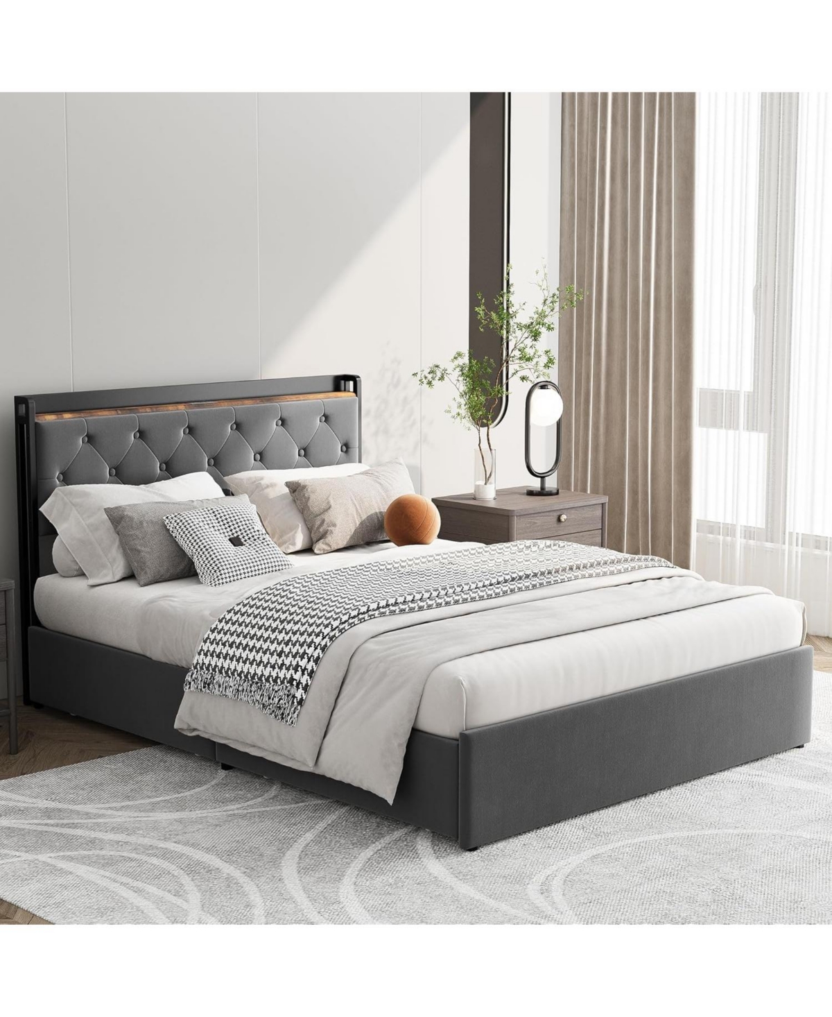 gaomon Queen Storage Bed Frame with Velvet Headboard, 4 Drawers and Usb Charging Station
