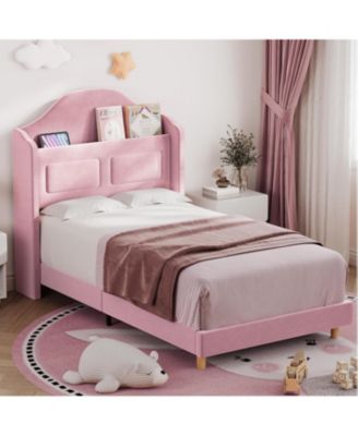 Twin Velvet Princess Bed Frame with Wingback and LED Bookcase Headboard, Kids Design