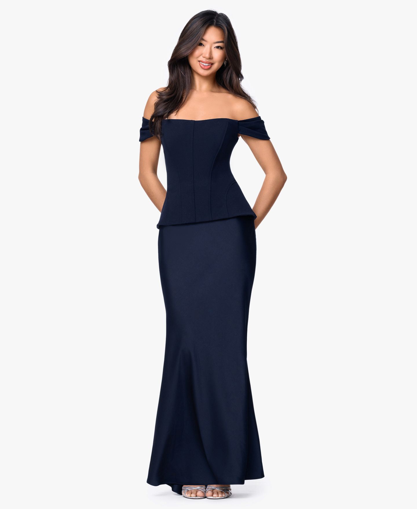 Женское платье Betsy & Adam Long Off-The-Shoulder Corset, цвет: Тёмно-синий — фото 1