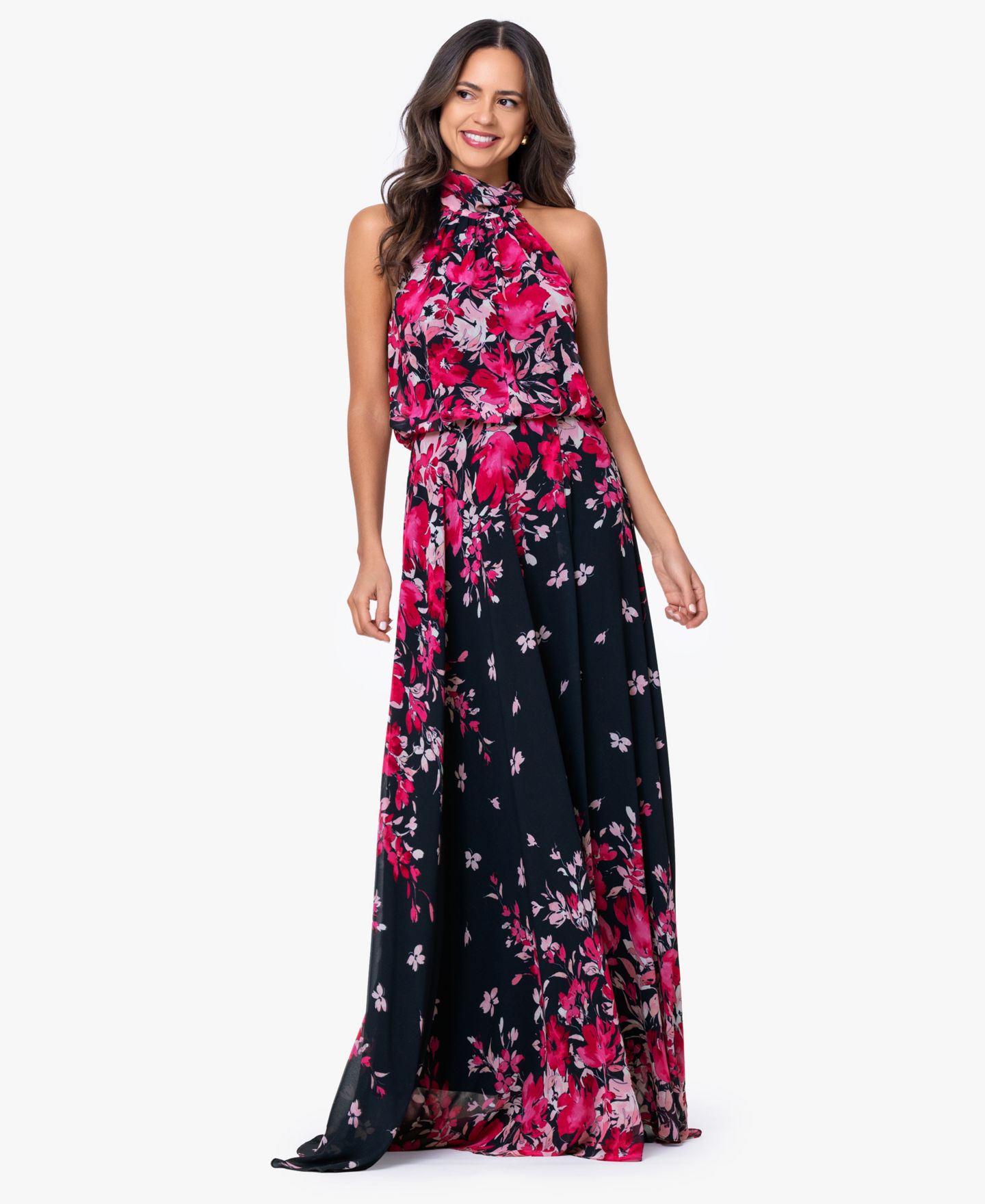 Женское платье Betsy & Adam Halter Neck Long Souffle Chiffon Floral Print, цвет: Тёмно-синий — фото 1