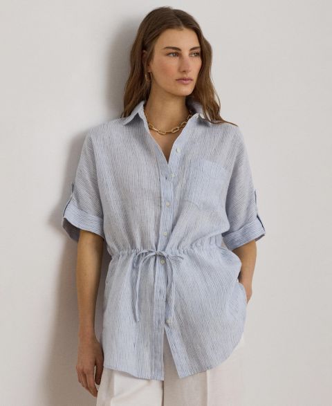 Женская рубашка Lauren Ralph Lauren Point Collar Striped Roll-Tab-Sleeve Tunic, цвет: Синий разноцветный