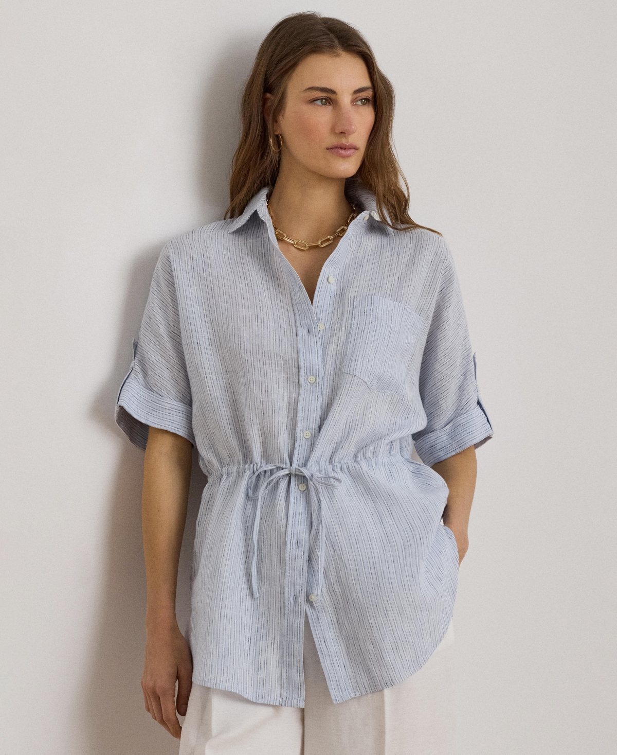 Lauren Ralph Lauren Women's Point Collar Striped Roll-Tab-Sleeve Tunic Shirt - Blue Multi