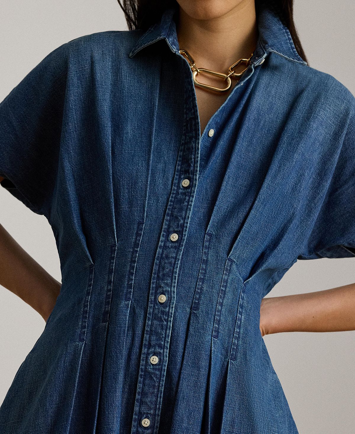 Lauren Ralph Lauren Women's Point Collar Pleated Denim Shirt-Dress view 5 — MAYCSS fashion products