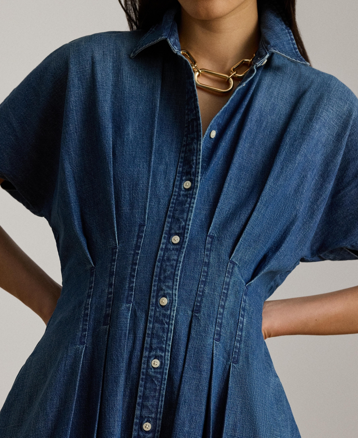 Lauren Ralph Women's Point Collar Pleated Denim Shirt Dress