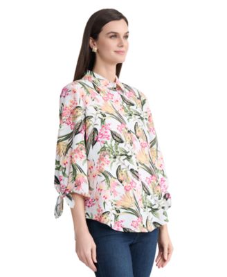 Women's Collared Printed Tie-Sleeve Shirt