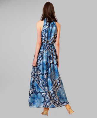 Women's Printed Satin Halter Neck Maxi Dress