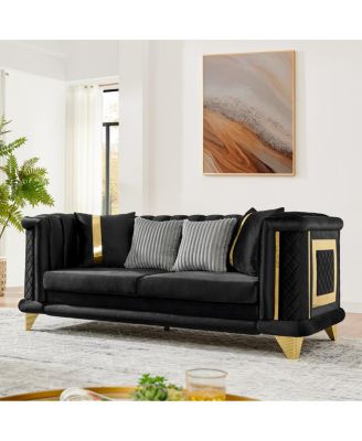  89" Velvet 3-Seater Luxury Sofa with Gold Trim and Pillows