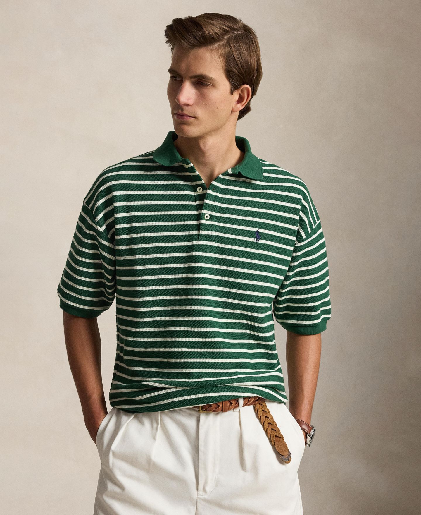Мужское поло Polo Ralph Lauren Relaxed-Fit Striped Textured Polo Shirt, цвет: Тёмно-синий — фото 6