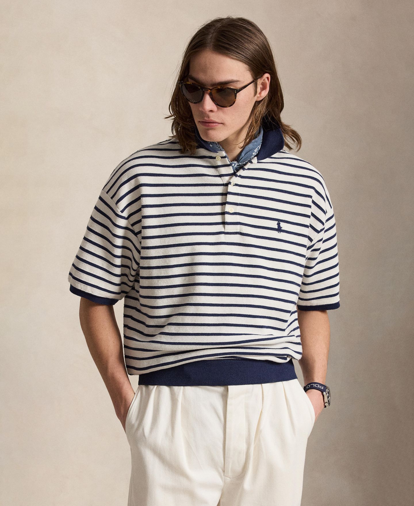 Мужское поло Polo Ralph Lauren Relaxed-Fit Striped Textured Polo Shirt, цвет: Тёмно-синий — фото 1