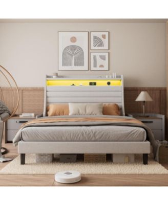 LED Bed Frame with Charging Station, Wooden Platform Bed Frame with Upholstered Headboard and Wooden Slat Support, No Noise, No Box