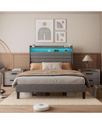 LED Bed Frame with Charging Station, Wooden Platform Bed Frame with Upholstered Headboard and Wooden Slat Support, No Noise, No Box