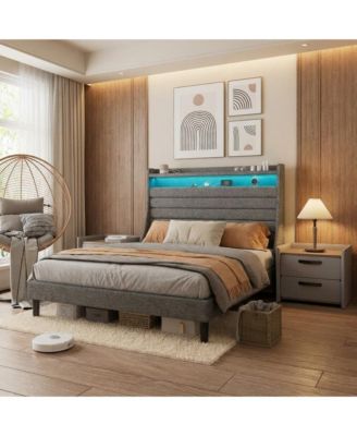 LED Bed Frame with Charging Station, Wooden Platform Bed Frame with Upholstered Headboard and Wooden Slat Support, No Noise, No Box
