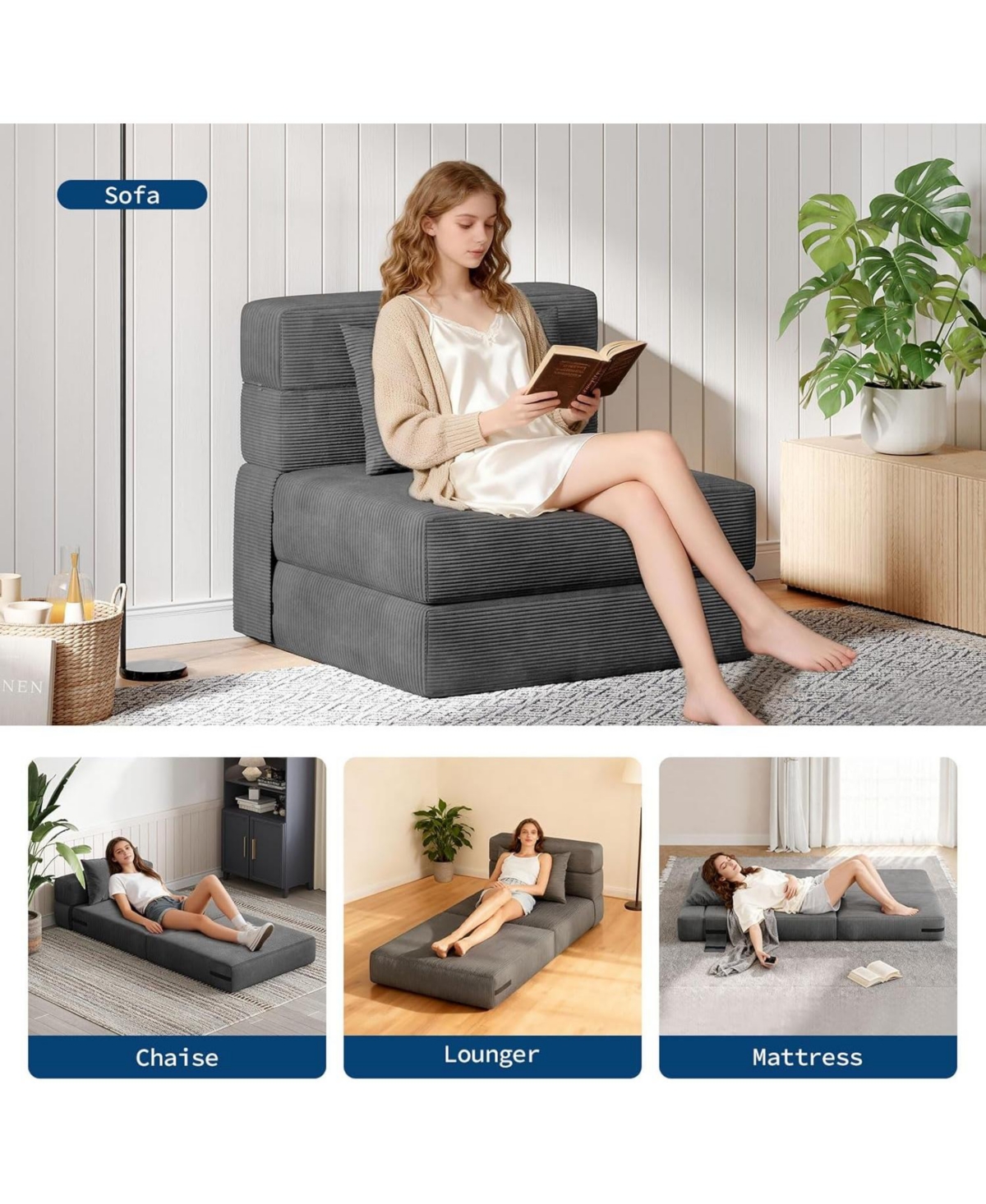 gaomon 4-in-1 Folding Sofa Bed and Chair Bed - Convertible Sleeper, Fold Out Loveseat Sofa Couch with Pillow, Tufted Floor Lounge.