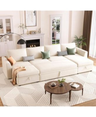 Sectional Sleeper Sofa with Pull Out Bed, Chenille Modular Sectional Couch with Pull Out Couch and Storage Seat & 2 Ottomans