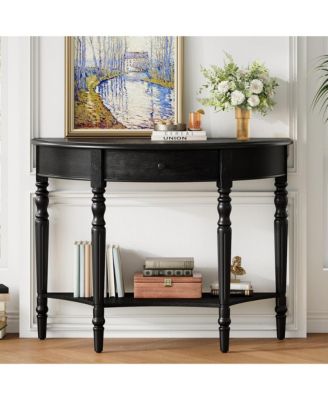 Farmhouse Half Moon Console Table, Rustic Accent Table with Storage Drawer and Shelf, Sofa Table for Entryway, Living Room, Hallway